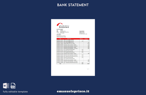 modello Excel di estratto conto bancario Kuwait Boubyan in stile verificato